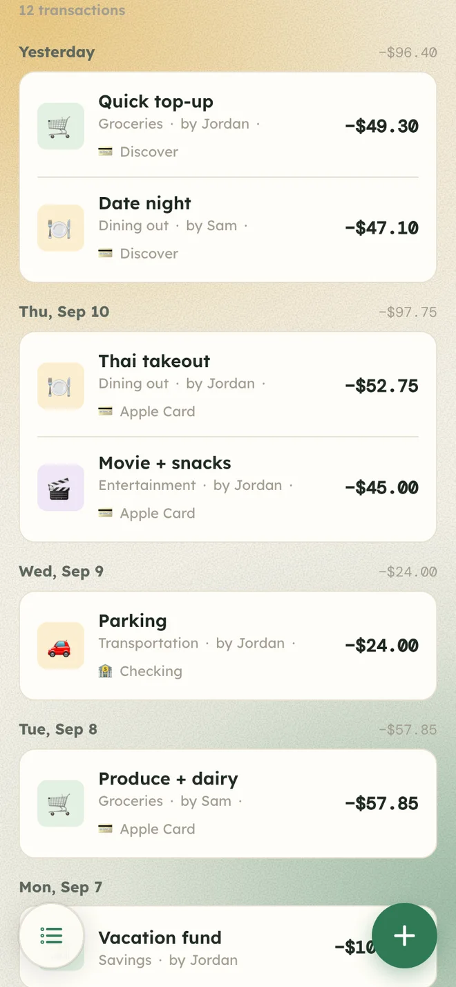 The Activity ledger, with each purchase labelled by who added it, Jordan or Sam.