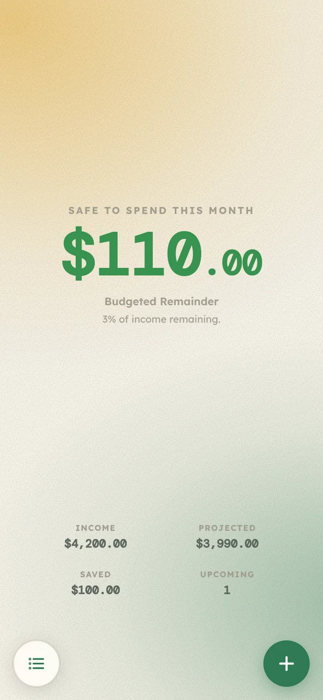 Peony's Overview screen: $110 safe to spend this month, with income, projected spending, savings, and upcoming bills underneath.