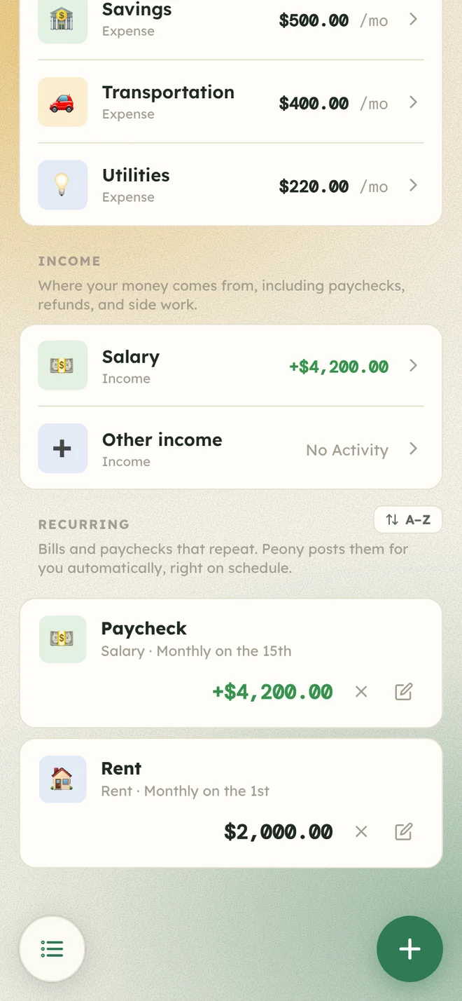 The Recurring list: a paycheck on the 15th and rent on the 1st, posted automatically.