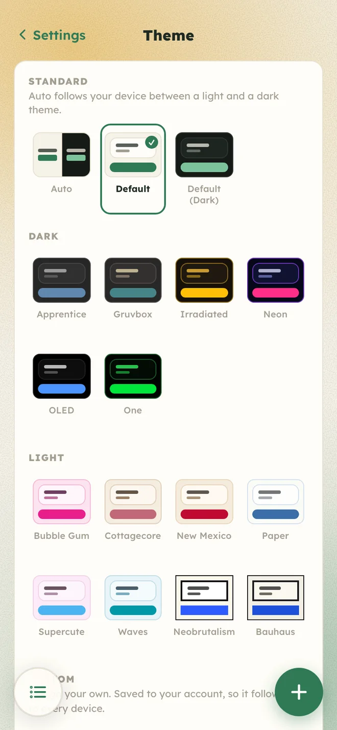 The theme picker, showing Default, Default Dark, and a grid of other themes.